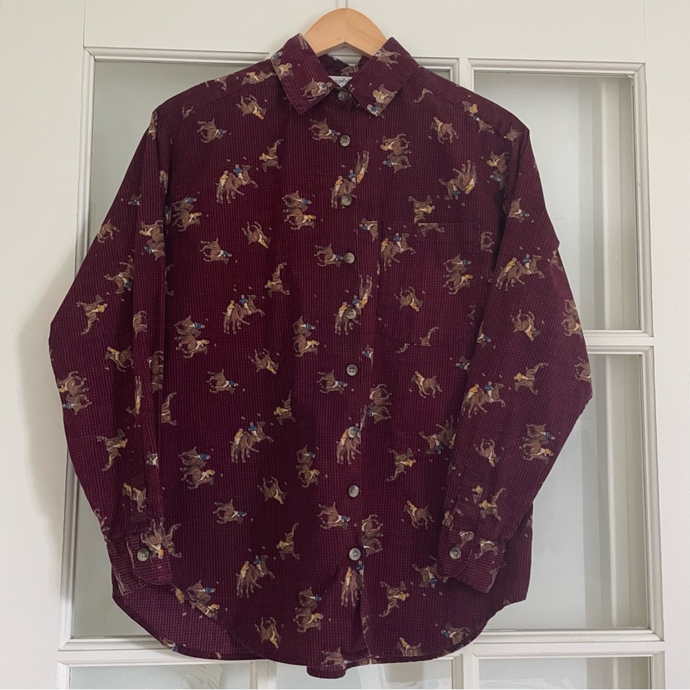 Vintage Tangibles polo horse print red houndstooth button up shirt 100% cotton S